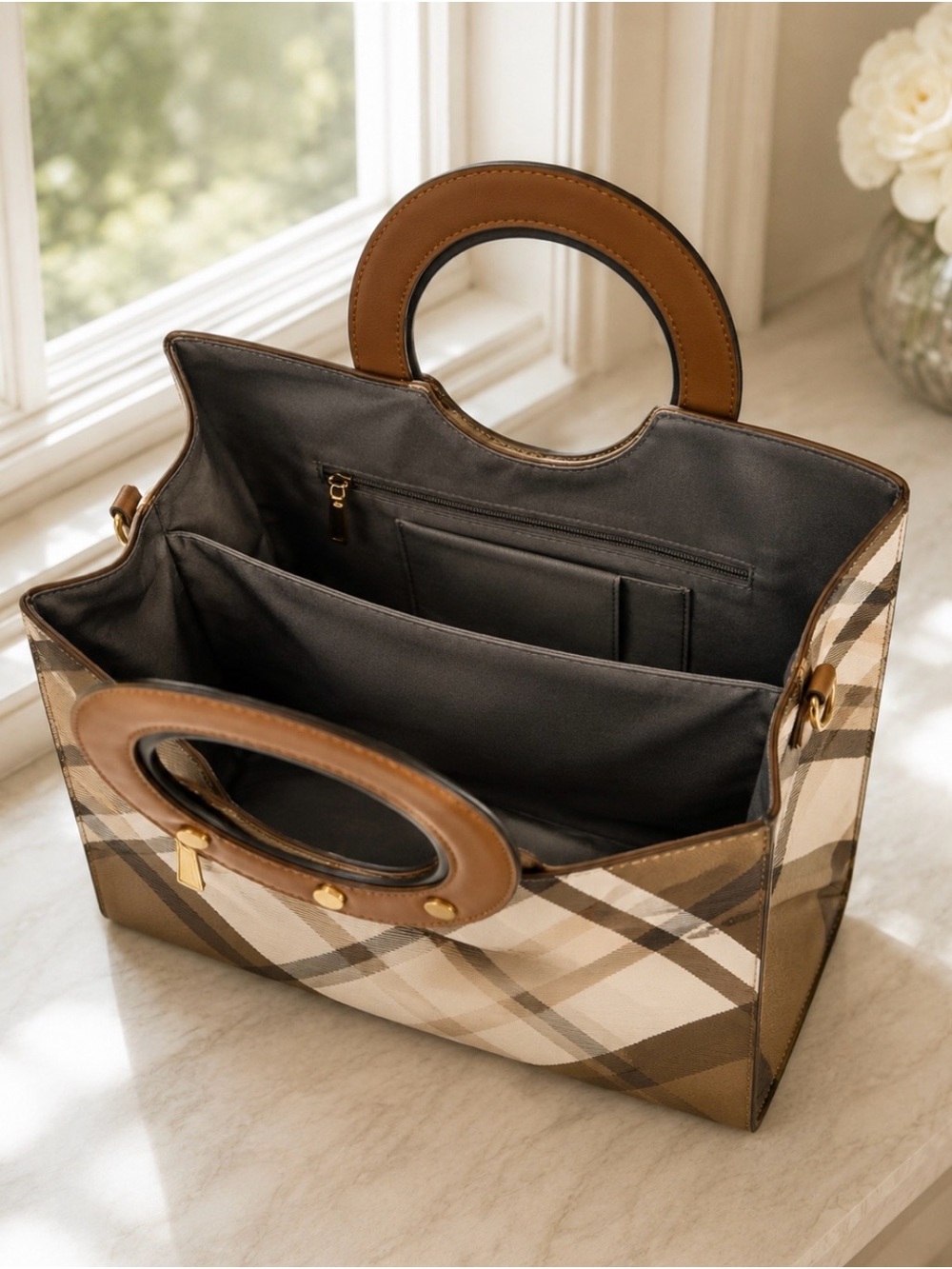 Plaid Structured Satchel Handbag with Round Handles & Shoulder Strap – Brown/Tan - Picture 3 of 4